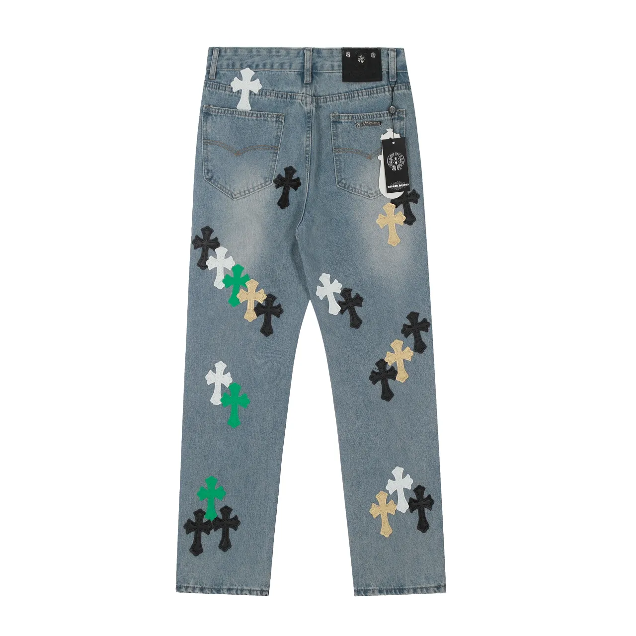 KE973#P250 The only correct leather label version on the market Chrome Hearts CH Cross embroidery distressed jeans Top ceiling quality 100% correct version The correct version is here!  Believe me this must be the best quality you will ever come across! ! Excellent value for money! !  Styles with different washes and textures are very friendly to people with thin legs and thick legs. The straight version is very flattering to the shape of the legs. The moderate length is timeless and easy to match. It is the basis of various styles and a must-have in the wardrobe! ! Add a little stacking to easily control this year's popular clean fit fabric. The fabric is stiff but the upper body is soft without losing texture. The sides and cuffs of some styles have a bone-wash effect. It's really hard not to love it! The outfit effect is immediate! ✅Correctly customize the Croxin metal leather label on the back panel. It is not sold directly with the cross on the finished jeans. 1:1 copying strives for excellence and the details are perfectly grasped. ✅The cross leather label is clear and smooth. Exquisite turning top craftsmanship. ✅Buttons, zippers and hardware are all customized versions of the Croxin LOGO. ✅High-cost washing process. Size: 28 30 32 34 36 (5 sizes)